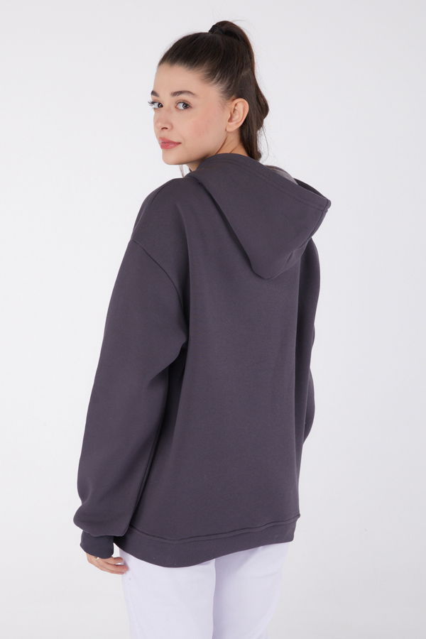Düz Kapşonlu Yaka Kadın Antrasit Baskılı Sweatshirt - 26474