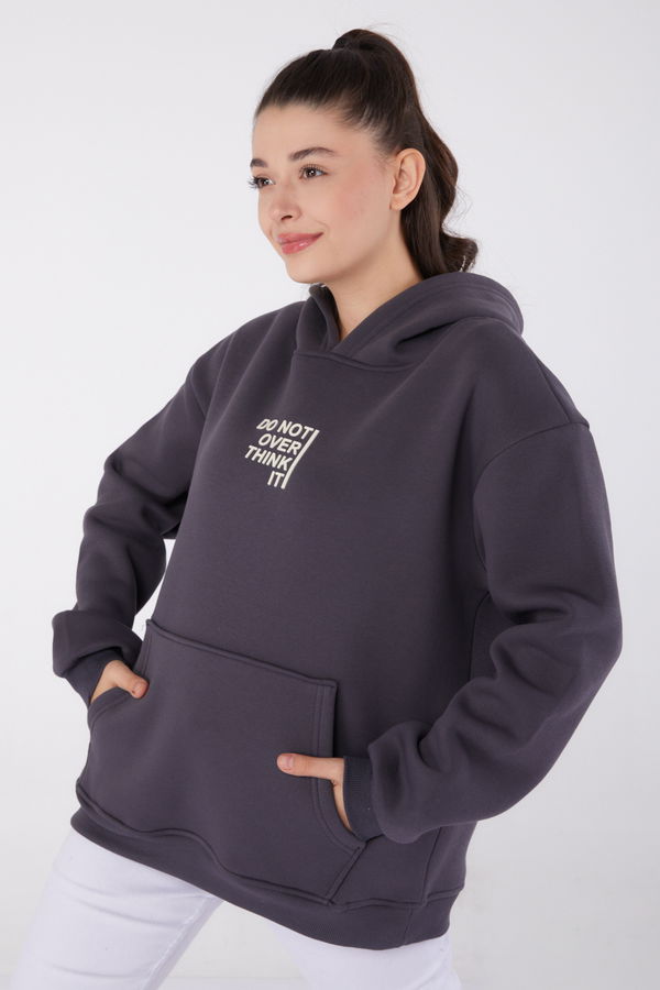 Düz Kapşonlu Yaka Kadın Antrasit Baskılı Sweatshirt - 26474
