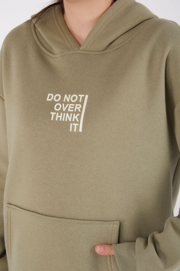 Düz Kapşonlu Yaka Kadın Haki Baskılı Sweatshirt - 26474