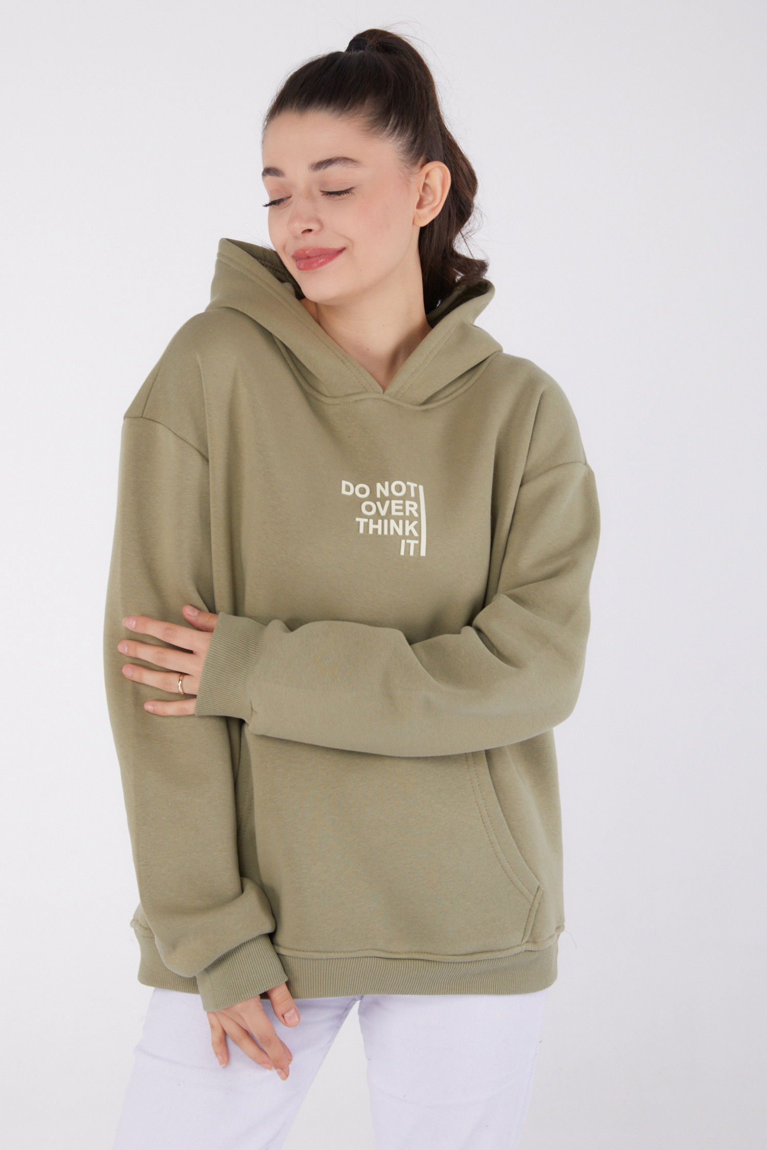 Düz Kapşonlu Yaka Kadın Haki Baskılı Sweatshirt - 26474