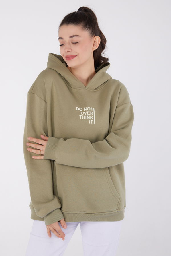 Düz Kapşonlu Yaka Kadın Haki Baskılı Sweatshirt - 26474