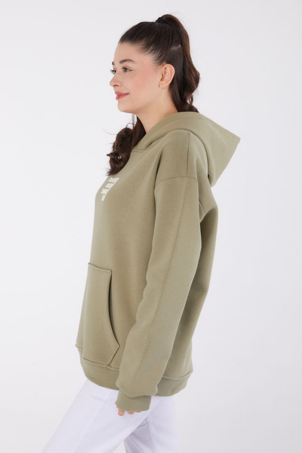 Düz Kapşonlu Yaka Kadın Haki Baskılı Sweatshirt - 26474