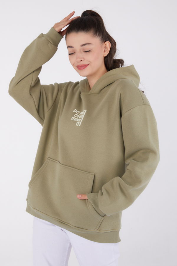 Düz Kapşonlu Yaka Kadın Haki Baskılı Sweatshirt - 26474