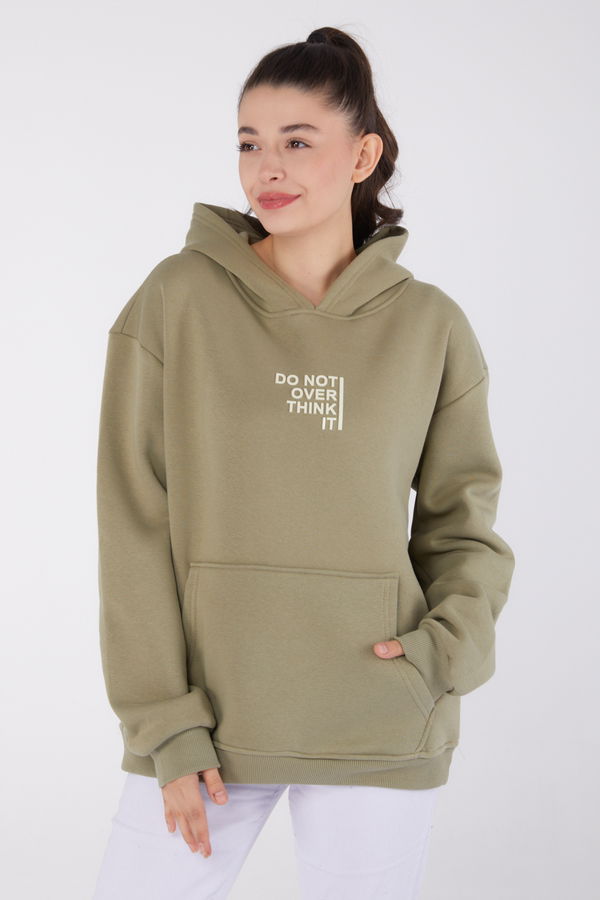 Düz Kapşonlu Yaka Kadın Haki Baskılı Sweatshirt - 26474