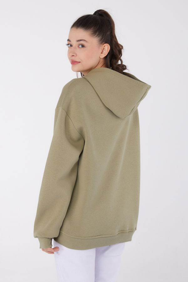 Düz Kapşonlu Yaka Kadın Haki Baskılı Sweatshirt - 26474