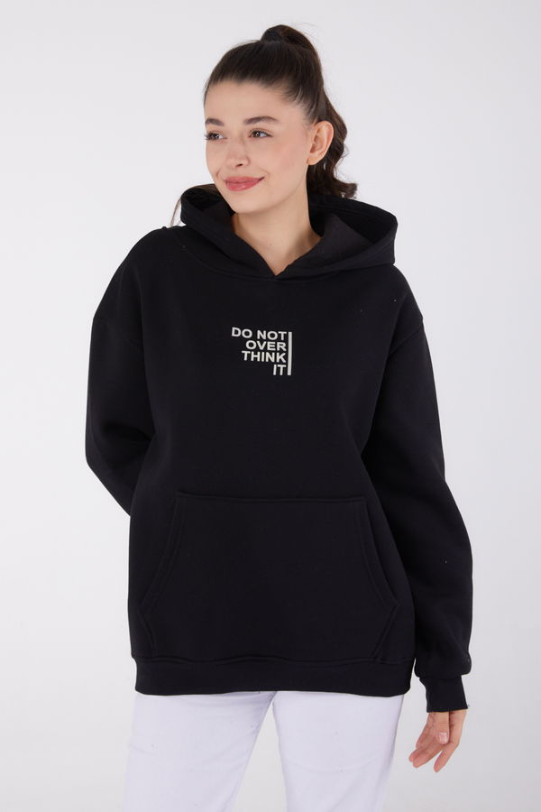 Düz Kapşonlu Yaka Kadın Siyah Baskılı Sweatshirt - 26474 SİYAH