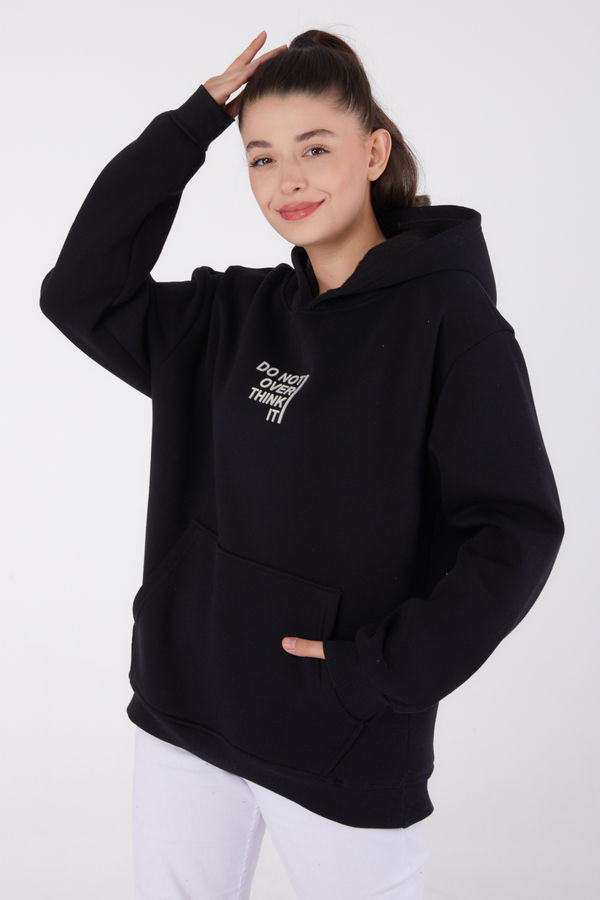Düz Kapşonlu Yaka Kadın Siyah Baskılı Sweatshirt - 26474 SİYAH