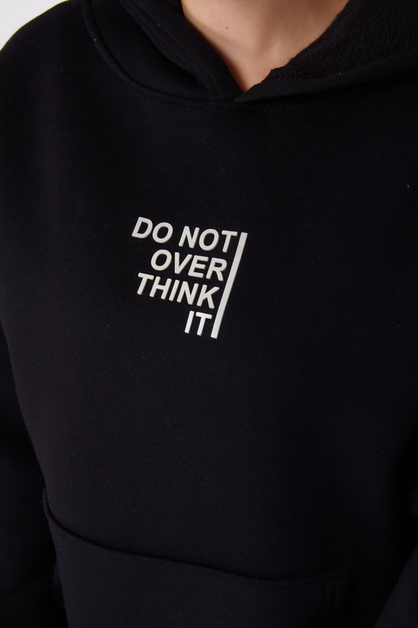 Düz Kapşonlu Yaka Kadın Siyah Baskılı Sweatshirt - 26474 SİYAH