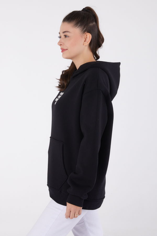 Düz Kapşonlu Yaka Kadın Siyah Baskılı Sweatshirt - 26474 SİYAH