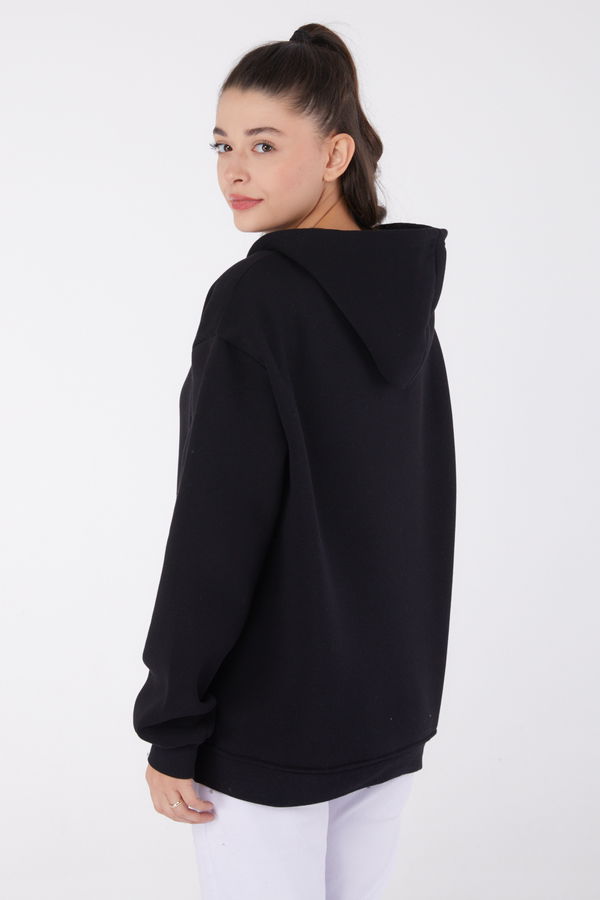 Düz Kapşonlu Yaka Kadın Siyah Baskılı Sweatshirt - 26474 SİYAH