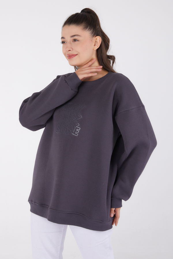 Düz Bisiklet Yaka Kadın Antrasit Baskılı Sweatshirt - 26475 ANTRASİT