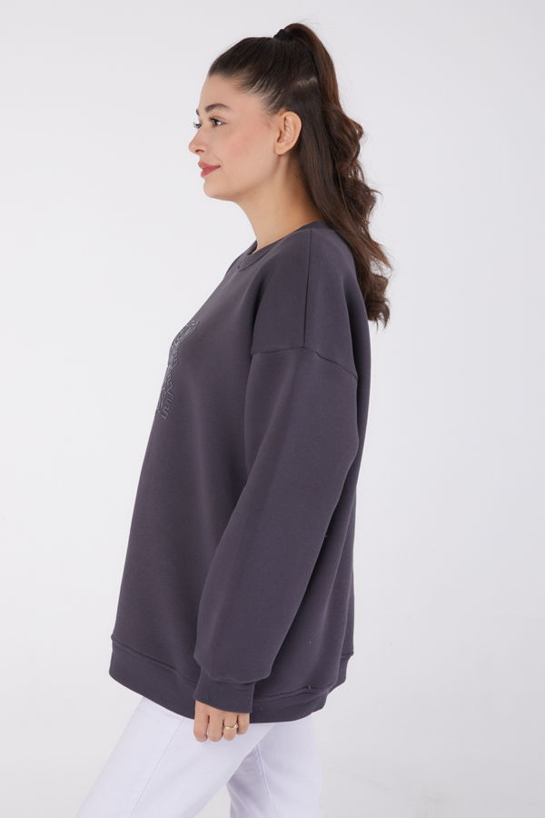 Düz Bisiklet Yaka Kadın Antrasit Baskılı Sweatshirt - 26475 ANTRASİT
