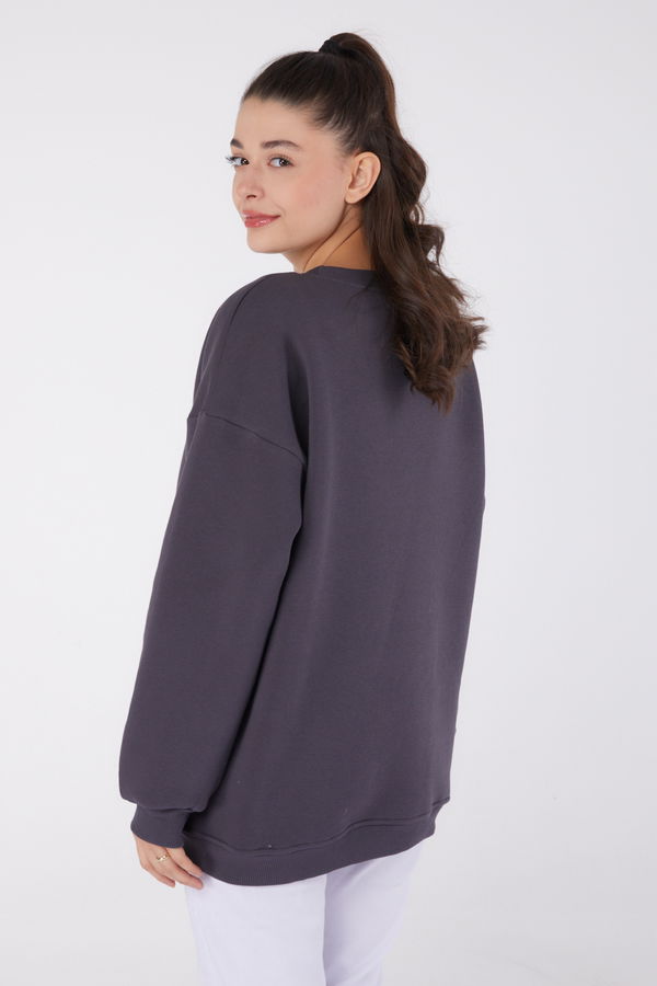 Düz Bisiklet Yaka Kadın Antrasit Baskılı Sweatshirt - 26475 ANTRASİT