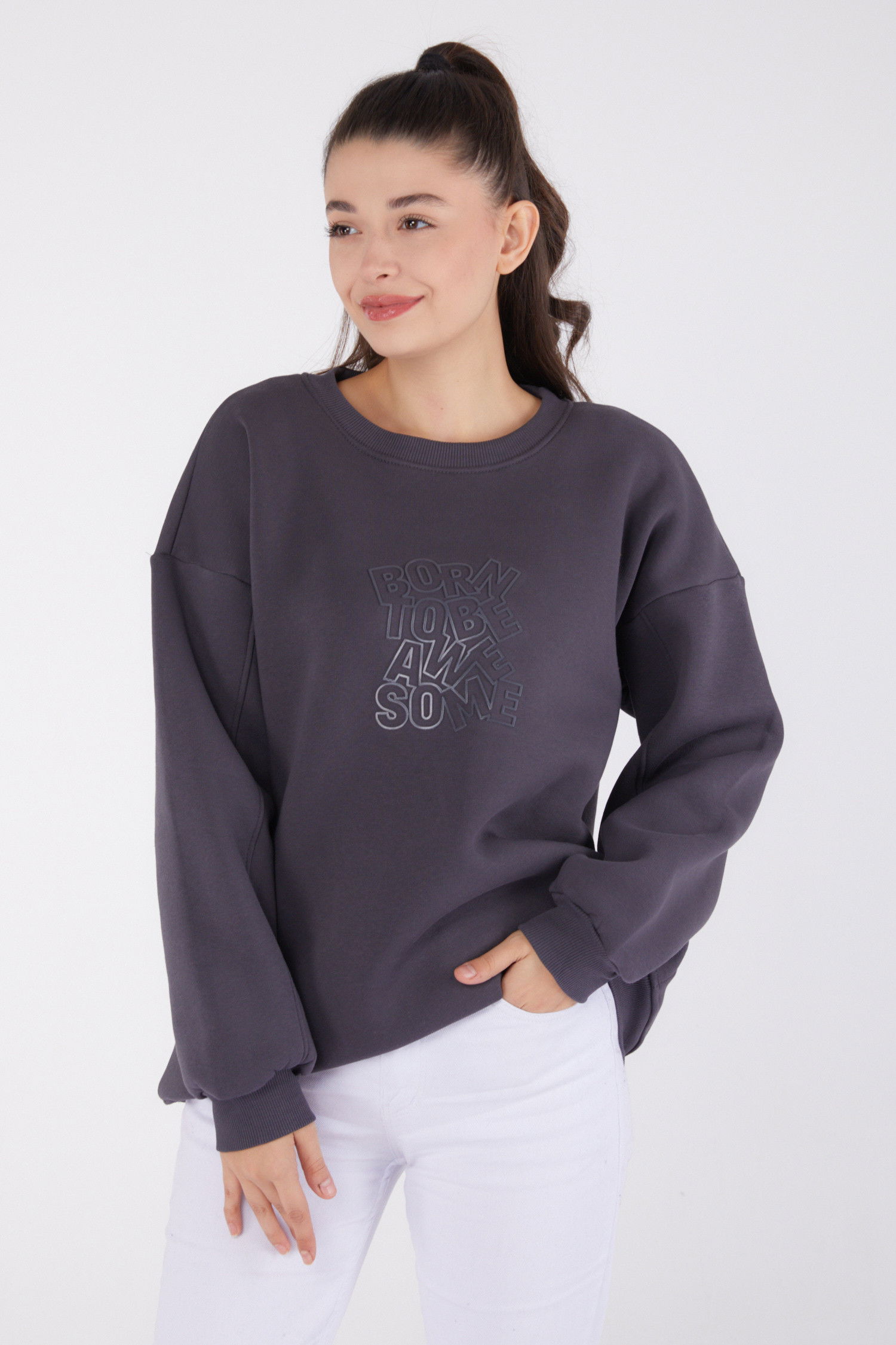 Düz Bisiklet Yaka Kadın Antrasit Baskılı Sweatshirt - 26475 ANTRASİT