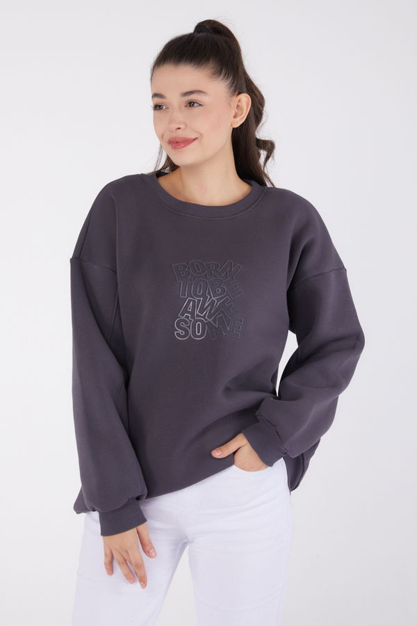 Düz Bisiklet Yaka Kadın Antrasit Baskılı Sweatshirt - 26475 ANTRASİT