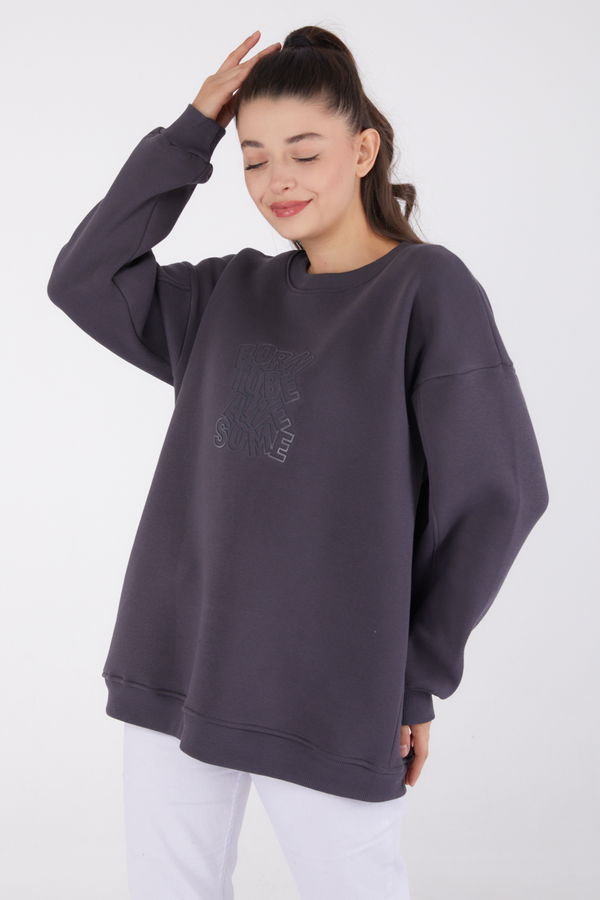 Düz Bisiklet Yaka Kadın Antrasit Baskılı Sweatshirt - 26475 ANTRASİT