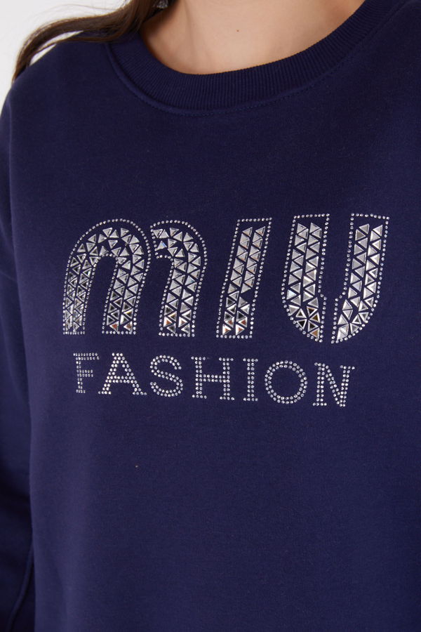 Düz Bisiklet Yaka Kadın Lacivert Taşlı Sweatshirt - 26478 LACİVERT