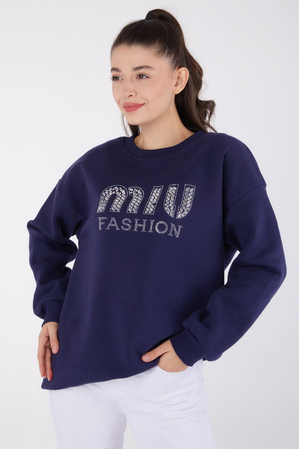 Düz Bisiklet Yaka Kadın Lacivert Taşlı Sweatshirt - 26478 LACİVERT