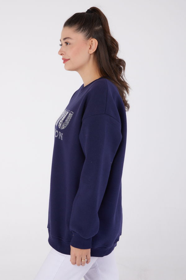 Düz Bisiklet Yaka Kadın Lacivert Taşlı Sweatshirt - 26478 LACİVERT