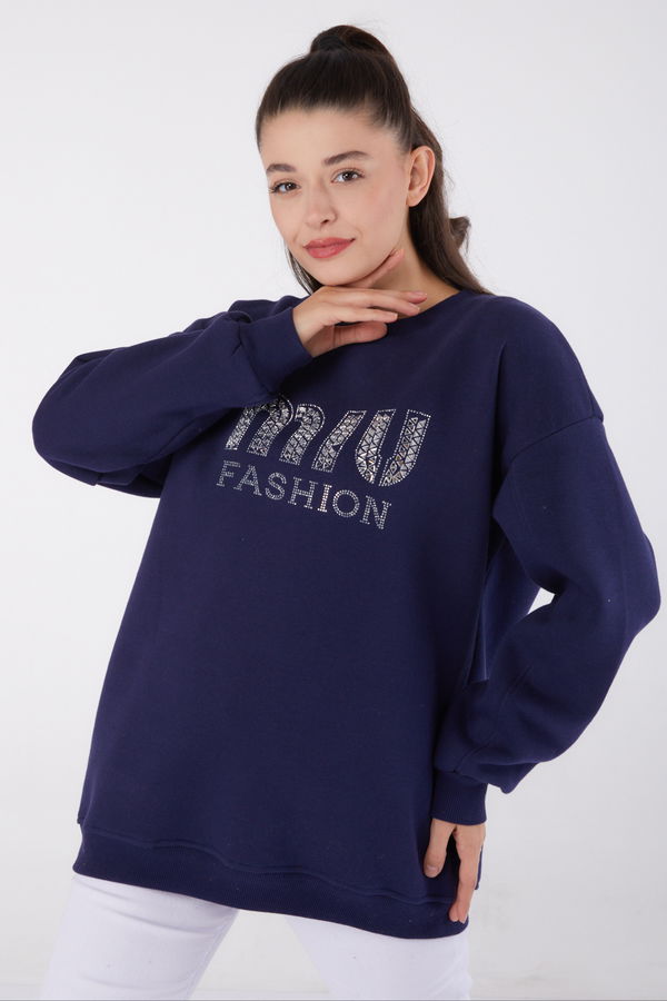 Düz Bisiklet Yaka Kadın Lacivert Taşlı Sweatshirt - 26478 LACİVERT