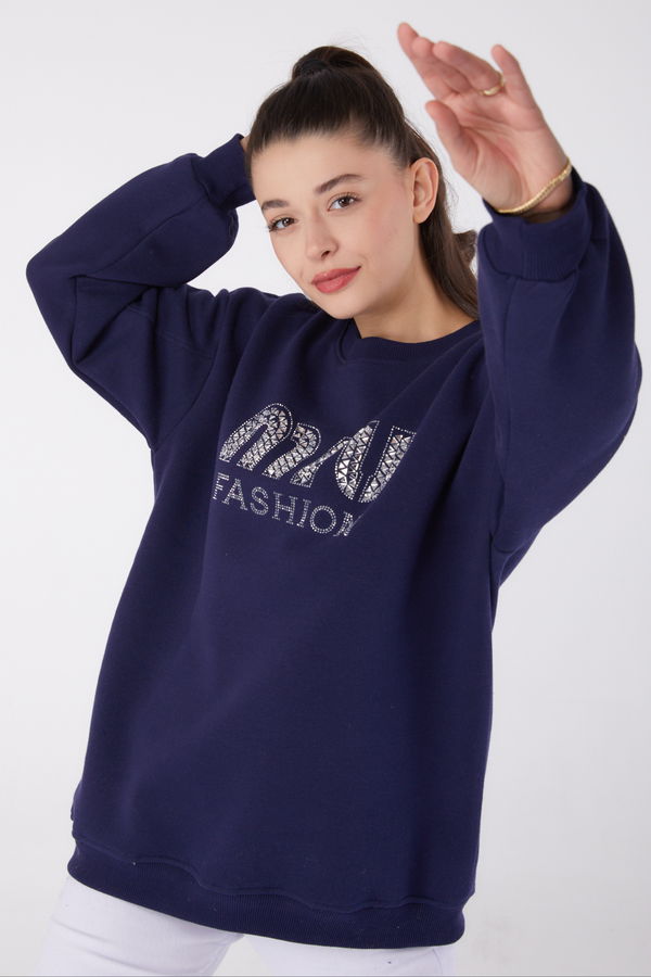 Düz Bisiklet Yaka Kadın Lacivert Taşlı Sweatshirt - 26478 LACİVERT