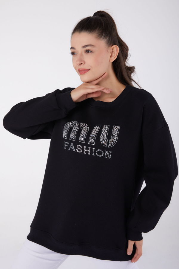 Düz Bisiklet Yaka Kadın Siyah Taşlı Sweatshirt - 26478 SİYAH