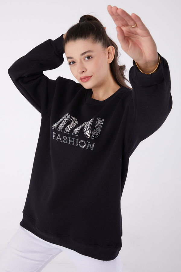 Düz Bisiklet Yaka Kadın Siyah Taşlı Sweatshirt - 26478 SİYAH