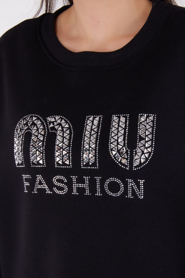 Düz Bisiklet Yaka Kadın Siyah Taşlı Sweatshirt - 26478 SİYAH