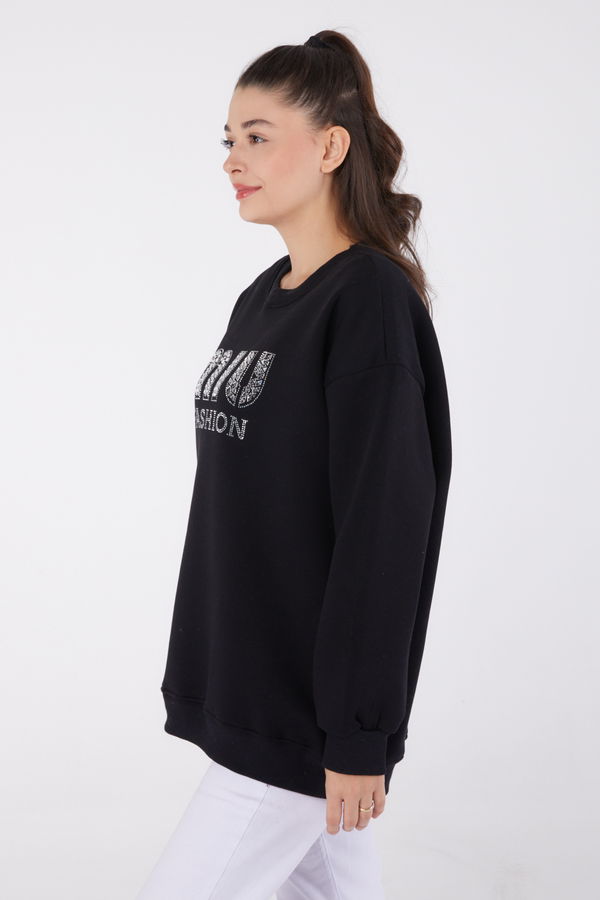 Düz Bisiklet Yaka Kadın Siyah Taşlı Sweatshirt - 26478 SİYAH
