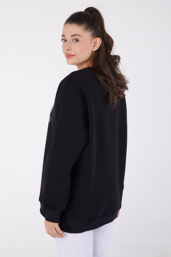 Düz Bisiklet Yaka Kadın Siyah Taşlı Sweatshirt - 26478 SİYAH