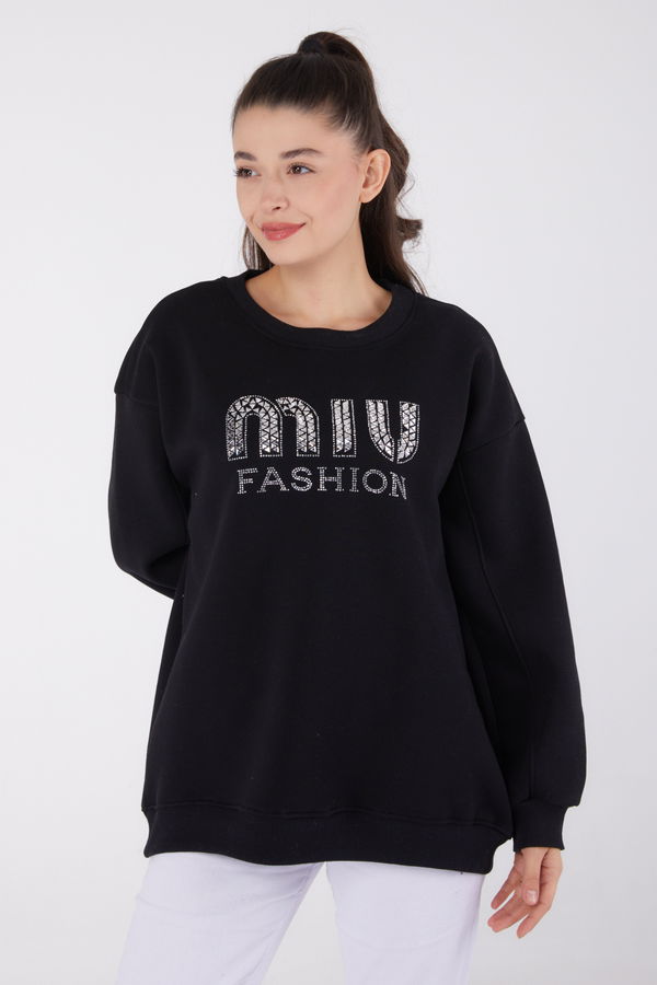 Düz Bisiklet Yaka Kadın Siyah Taşlı Sweatshirt - 26478 SİYAH