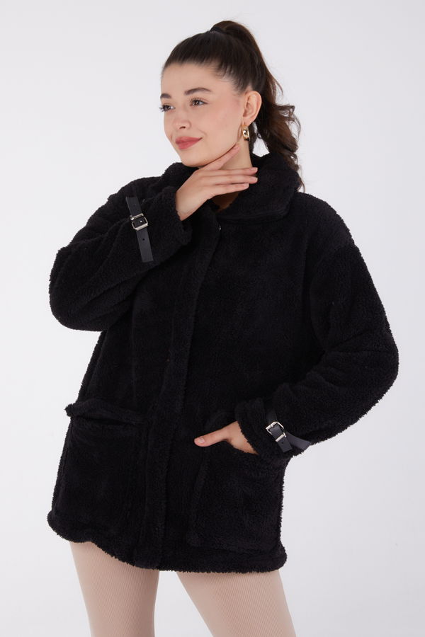 Düz Bebe Yaka Kadın Siyah Peluş Ceket - 13323 SİYAH