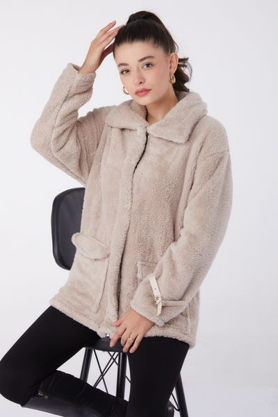 Düz Bebe Yaka Kadın Vizon Peluş Ceket - 13323