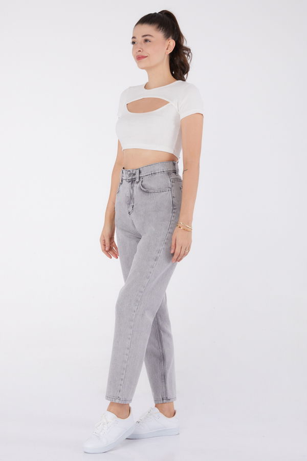 Düz Orta Kadın Gri Mom Jeans - 24060 GRİ