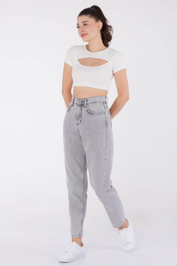 Düz Orta Kadın Gri Mom Jeans - 24060 GRİ