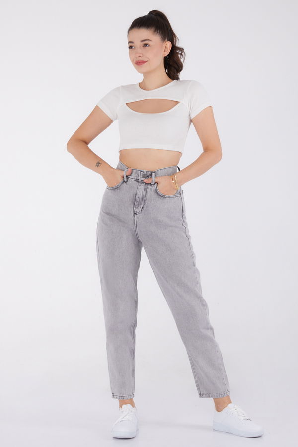 Düz Orta Kadın Gri Mom Jeans - 24060 GRİ