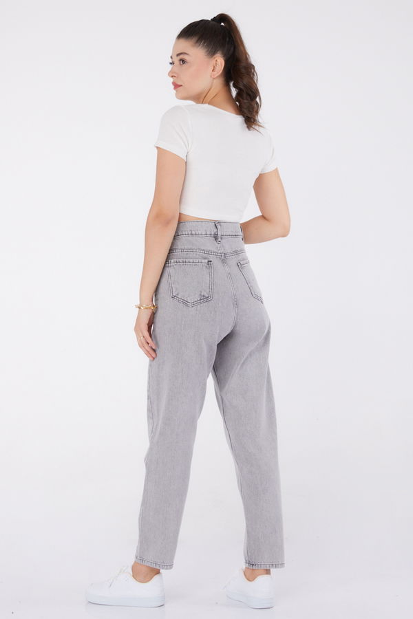 Düz Orta Kadın Gri Mom Jeans - 24060 GRİ
