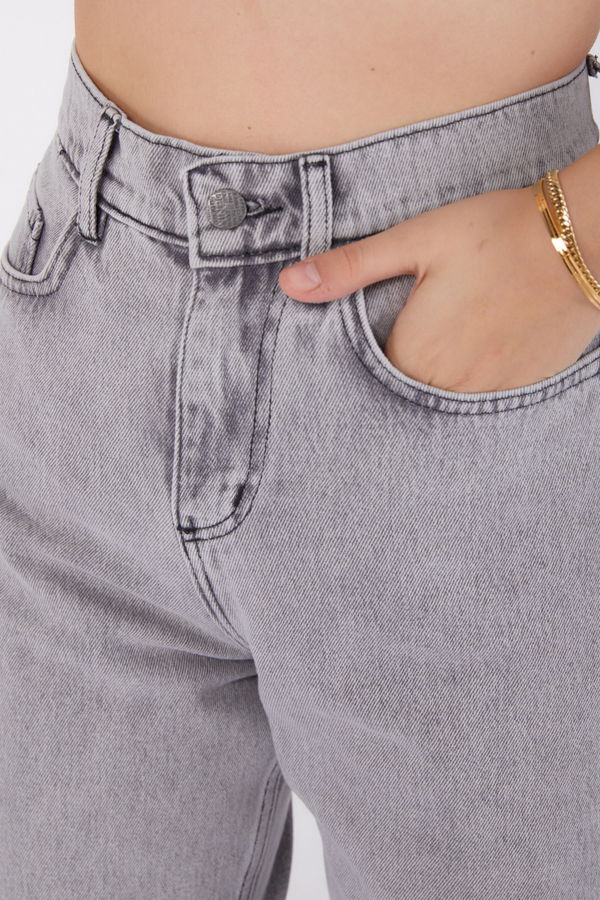 Düz Orta Kadın Gri Mom Jeans - 24060 GRİ