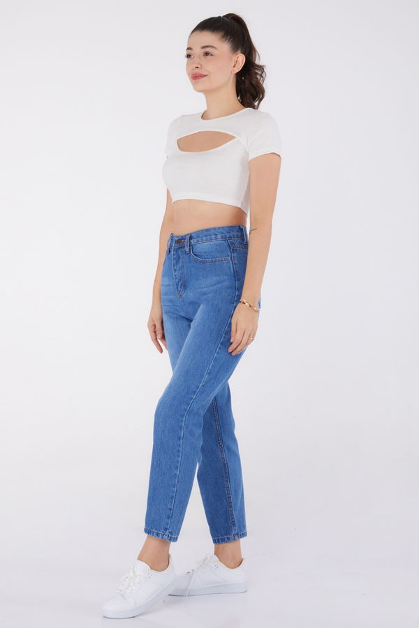 Düz Orta Kadın Mavi Mom Pantolon - 23786 MAVİ