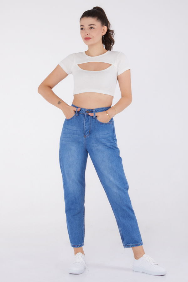 Düz Orta Kadın Mavi Mom Pantolon - 23786 MAVİ