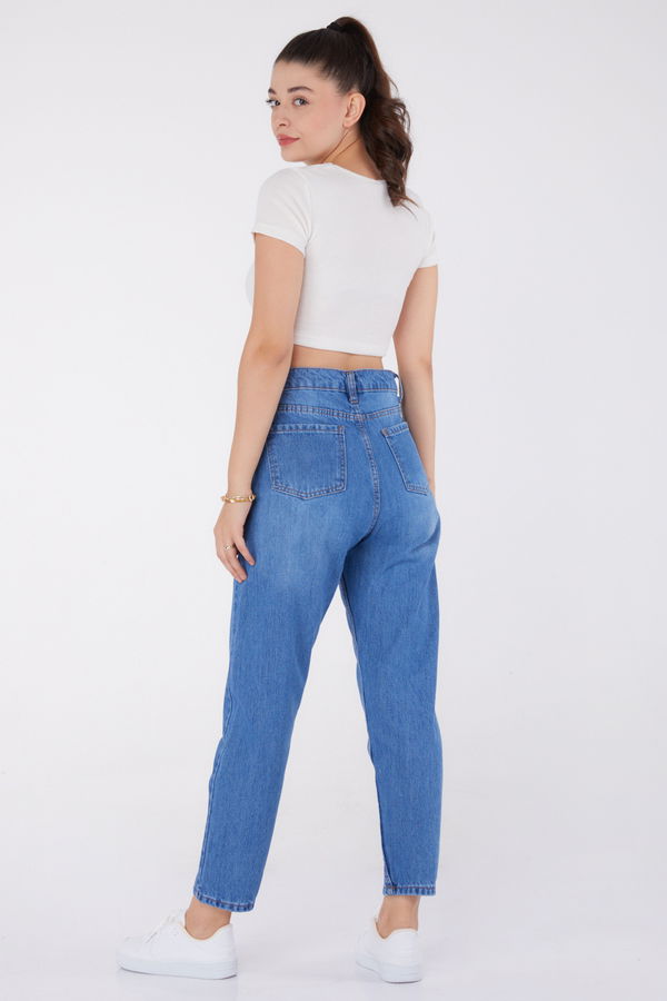 Düz Orta Kadın Mavi Mom Pantolon - 23786 MAVİ
