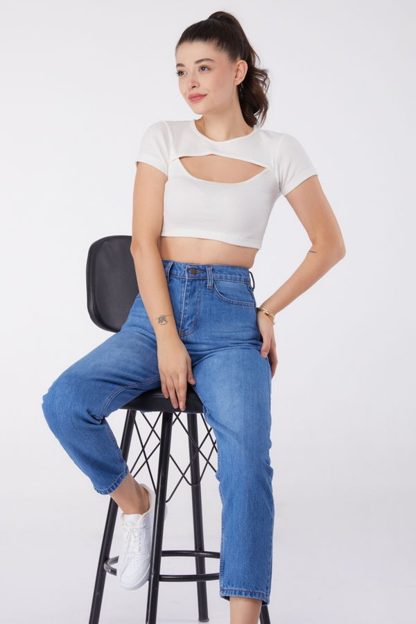 Düz Orta Kadın Mavi Mom Pantolon - 23786 MAVİ