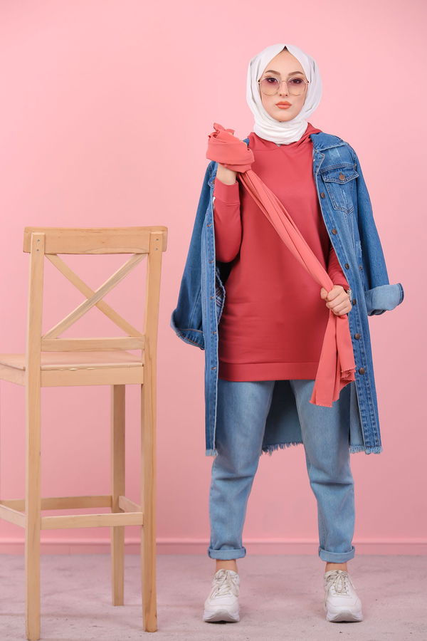 Düz Kapşonlu Yaka Kadın Pembe 8370 KOL ŞERİTLİ TUNİK - 8370 PEMBE