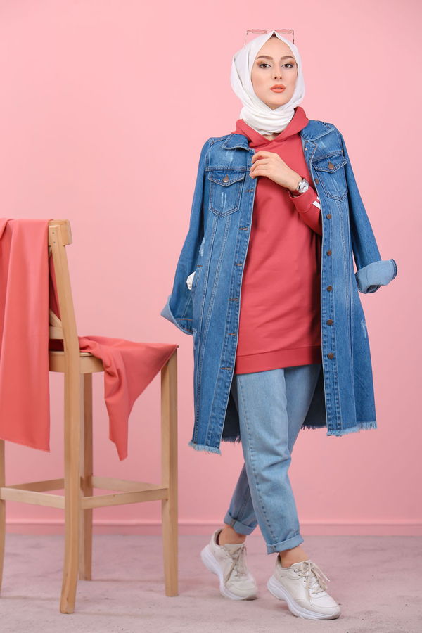 Düz Kapşonlu Yaka Kadın Pembe 8370 KOL ŞERİTLİ TUNİK - 8370 PEMBE