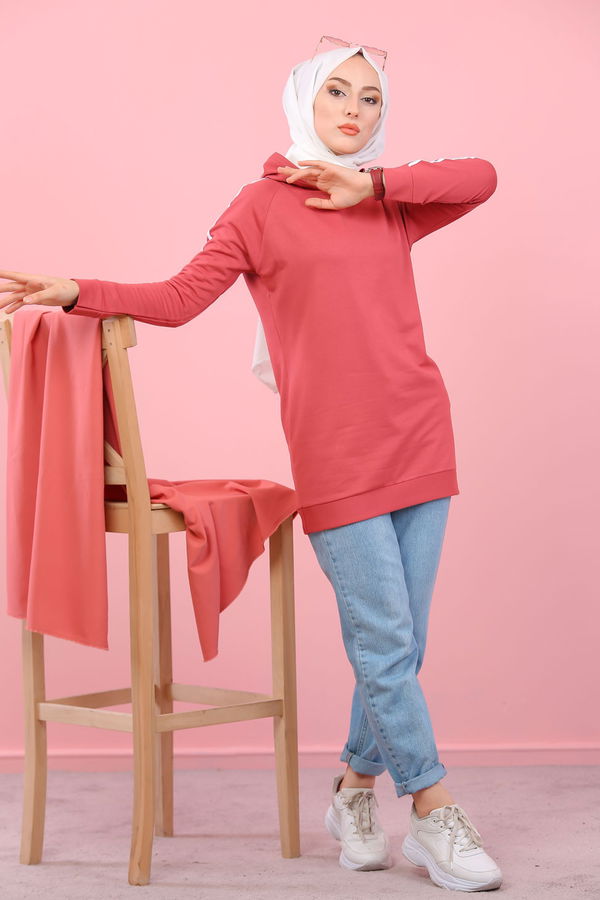Düz Kapşonlu Yaka Kadın Pembe 8370 KOL ŞERİTLİ TUNİK - 8370 PEMBE