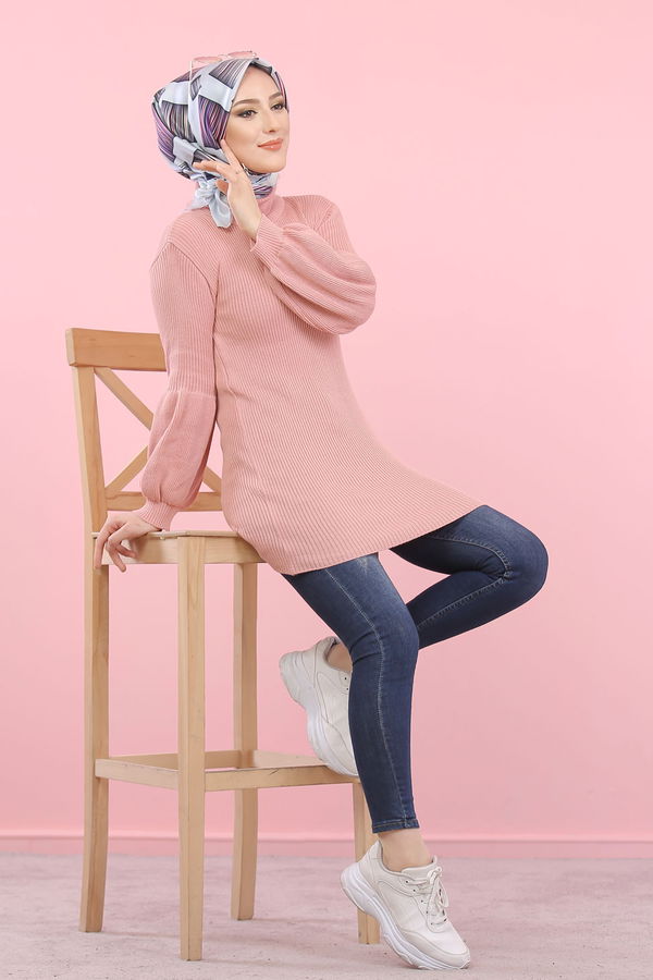 Düz Orta Kadın Pembe Bogazlı Triko Tunik   - 8232 PEMBE