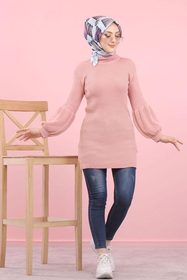 Düz Orta Kadın Pembe Bogazlı Triko Tunik   - 8232 PEMBE