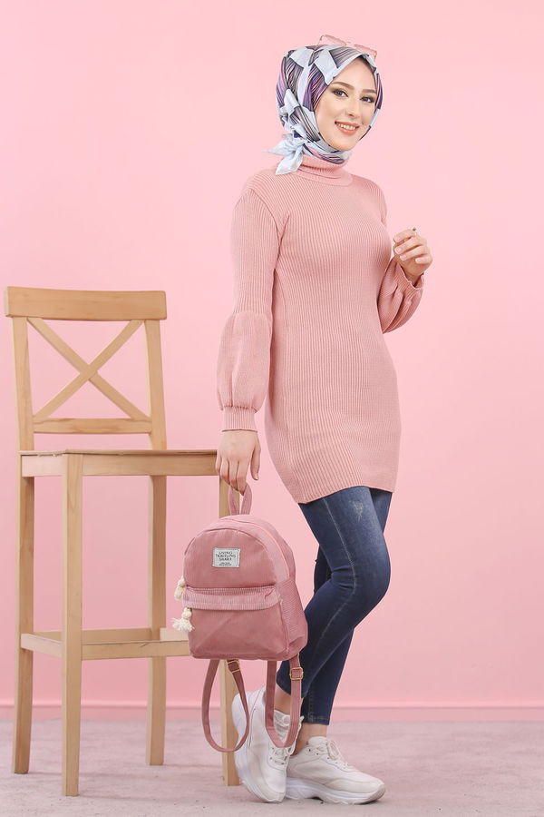 Düz Orta Kadın Pembe Bogazlı Triko Tunik   - 8232 PEMBE