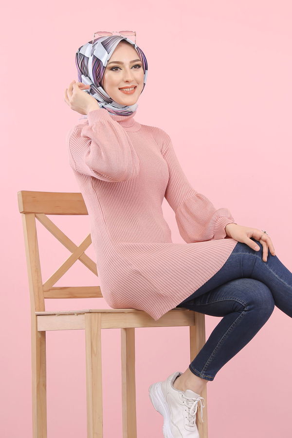 Düz Orta Kadın Pembe Bogazlı Triko Tunik   - 8232 PEMBE