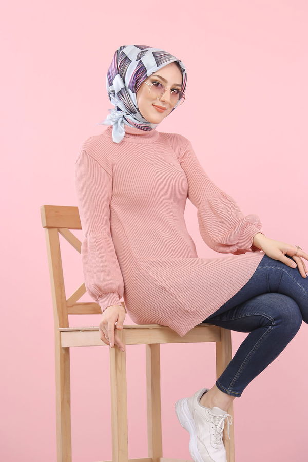Düz Orta Kadın Pembe Bogazlı Triko Tunik   - 8232 PEMBE